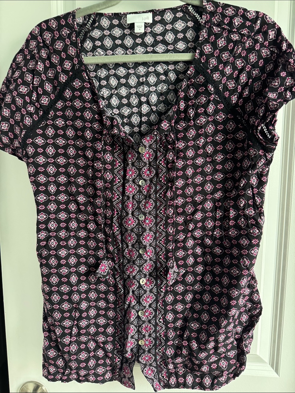 J. Jill Black Top with Pink Medallion Print